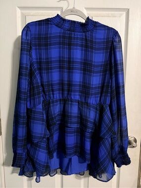 Torrid Crinkle Chiffon Royal Blue and Black Plaid Ruffle Peplum Blouse